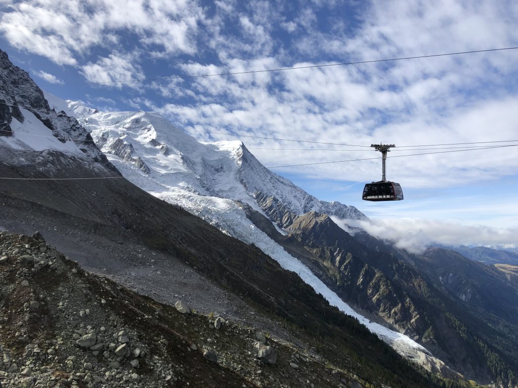 Alps, cable car to get to alpine mountain climb